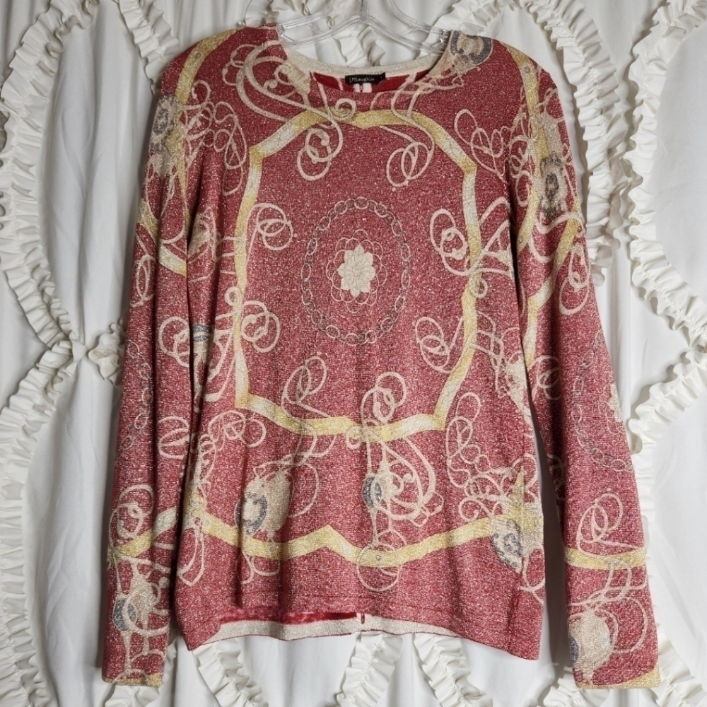J McLaughlin Sweater Crew Neck Metallic Shimmer Equestrian Print Cotton Sz S